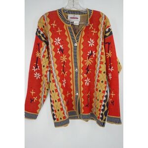 Vintage Obermeyer Sweater Womens Large Red Floral Embroidered Knit Cardigan‎